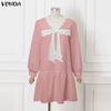 VONDA Elegant Women V Neck Long Sleeve Lace Bow Knot Ruffled Shirts Dress
