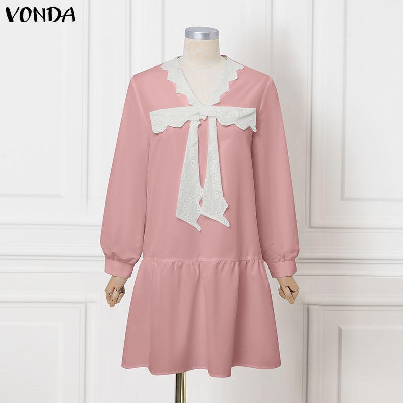 VONDA Elegant Women V Neck Long Sleeve Lace Bow Knot Ruffled Shirts Dress