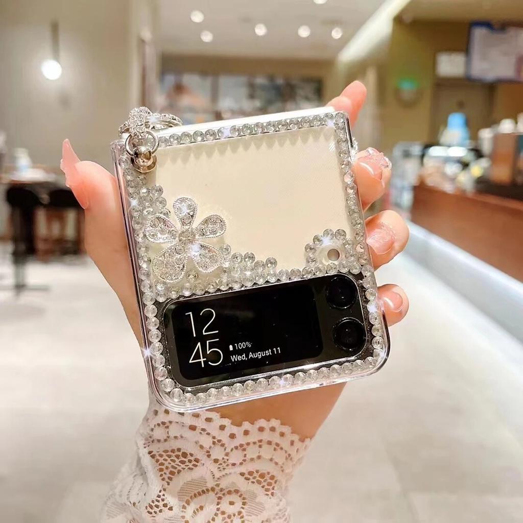 Crystal Diamond Case for Samsung Galaxy Z Flip 5 4 3 5G Rhinestones Pearl Crown Heart Wrist Shockproof Protection Cover