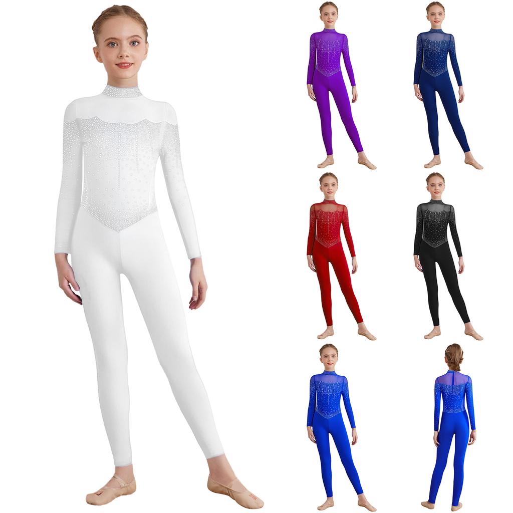 Dívčí lesklý kamínkový celotělový leotard s falešným límcem a dlouhým rukávem, kombinéza s průsvitnou síťovinou a patchworkem, krasobruslařské body