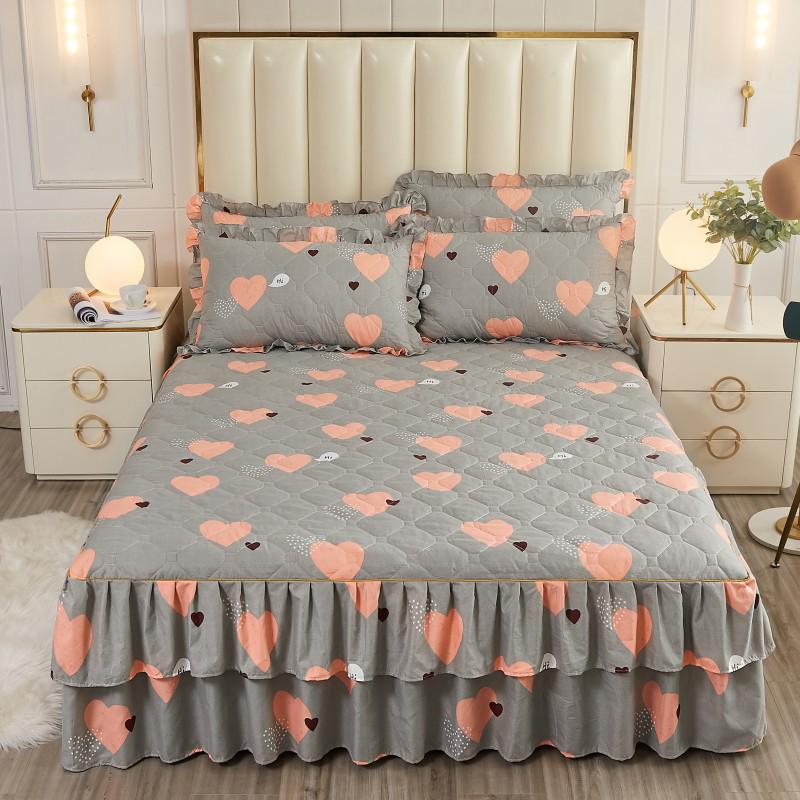 Fustă de pat prințesă matlasată cu dantelă în stil coreean – Cuvertură de pat groasă, din mătase periată, rezistentă la praf