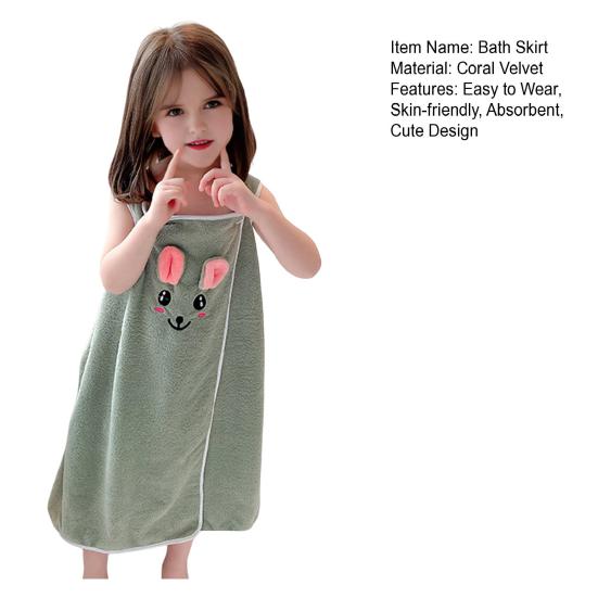 Kids Bath Skirt Rabbit Ear Absorbent Bath Towel Coral Velvet Dress Style Bath Wrap with Shoulder Straps for Beach Swimming Pool