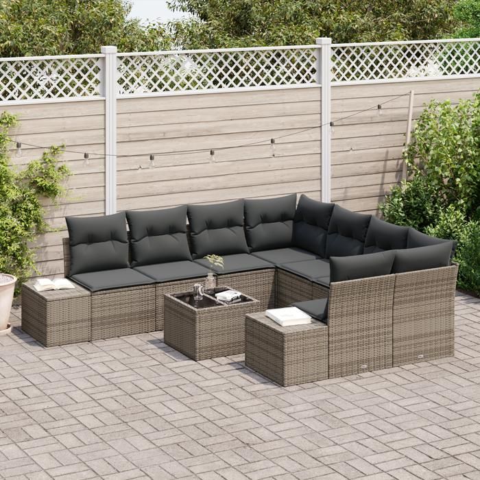 VidaXL Ensemble de 9 Canapés de Jardin avec Coussins Gris Poly Rattan 3346999