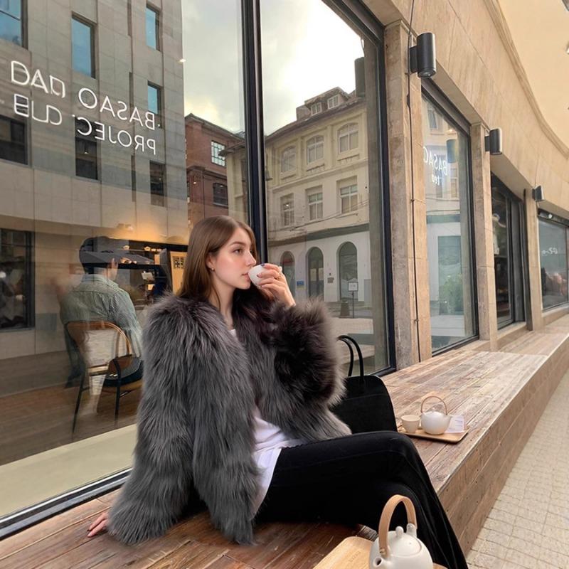 

Women s Faux Fur Coat Loose Fit Warm Long Sleeve Outerwear S сірий