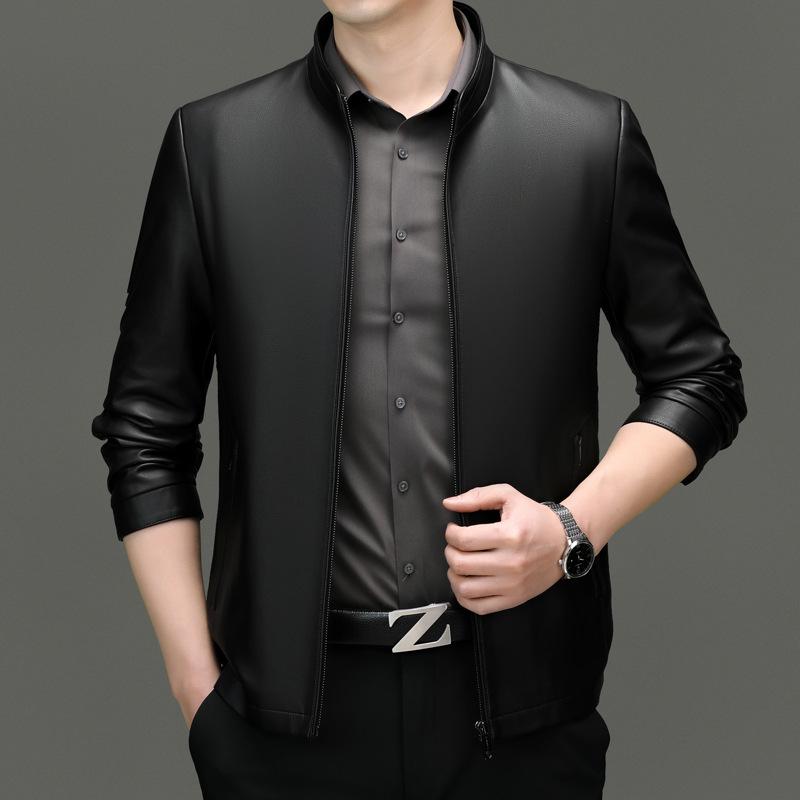 Men's High-End Genuine Sheepskin Leather Jacket, Business Casual Stand-Up Collar, Fleece-Lined for Middle-Aged.