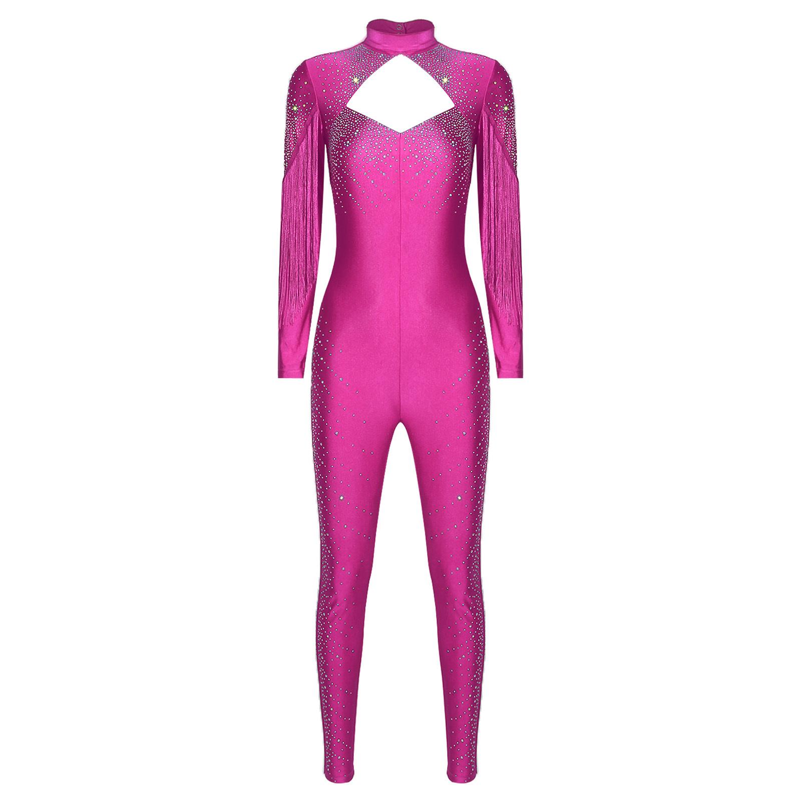 

Жіночий комбінезон для фігурного катання з блискучими стразами, довгим рукавом, дизайном з бахромою спереду, вирізом на спині та цілісним ромпером S гарячі рожевого кольору