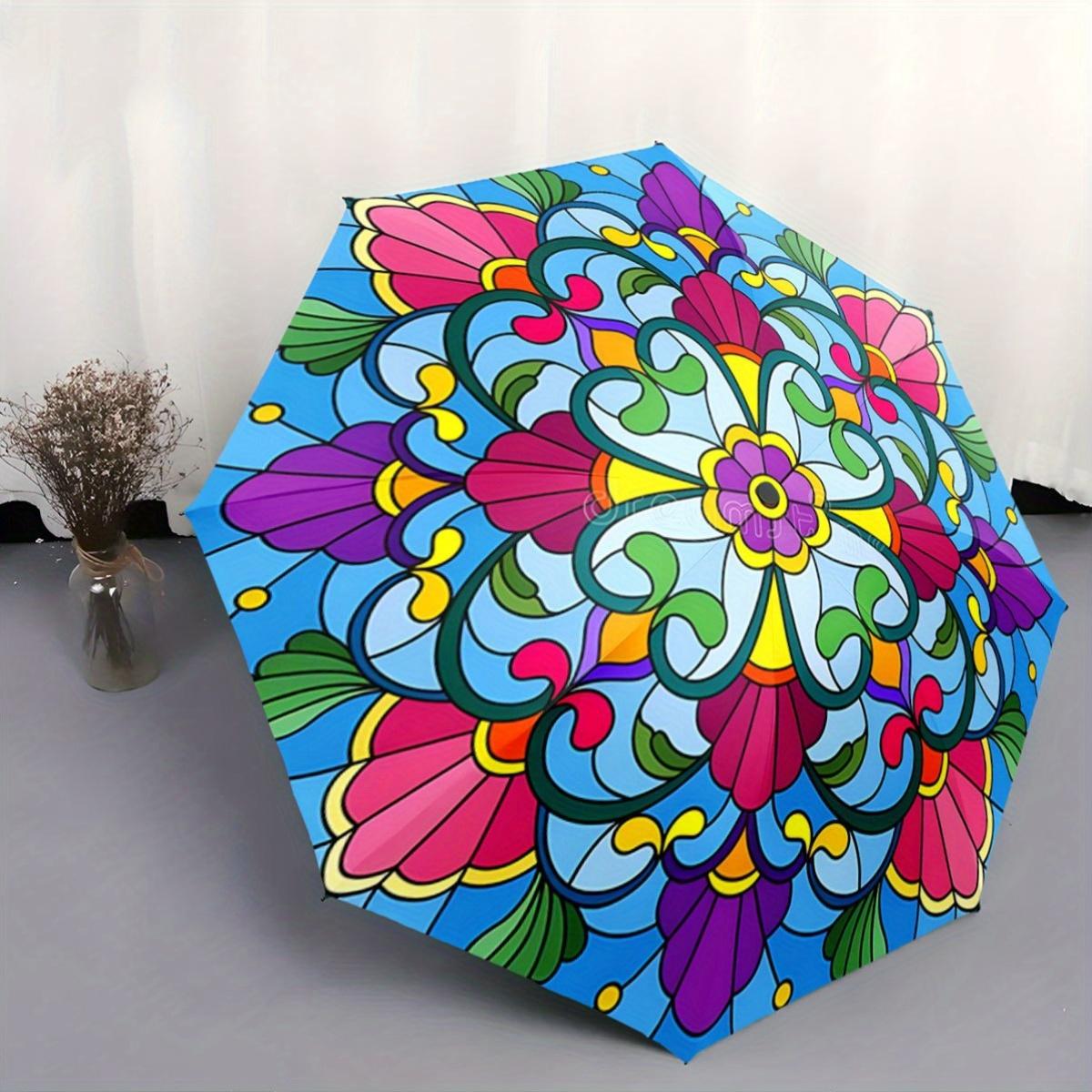 

Automatic Open/Close Umbrella with Mandala Floral Pattern - Compact Folding Umbrella, Portable Travel Umbrella with 8-Rib Stro (as the picture,Iron&8K)