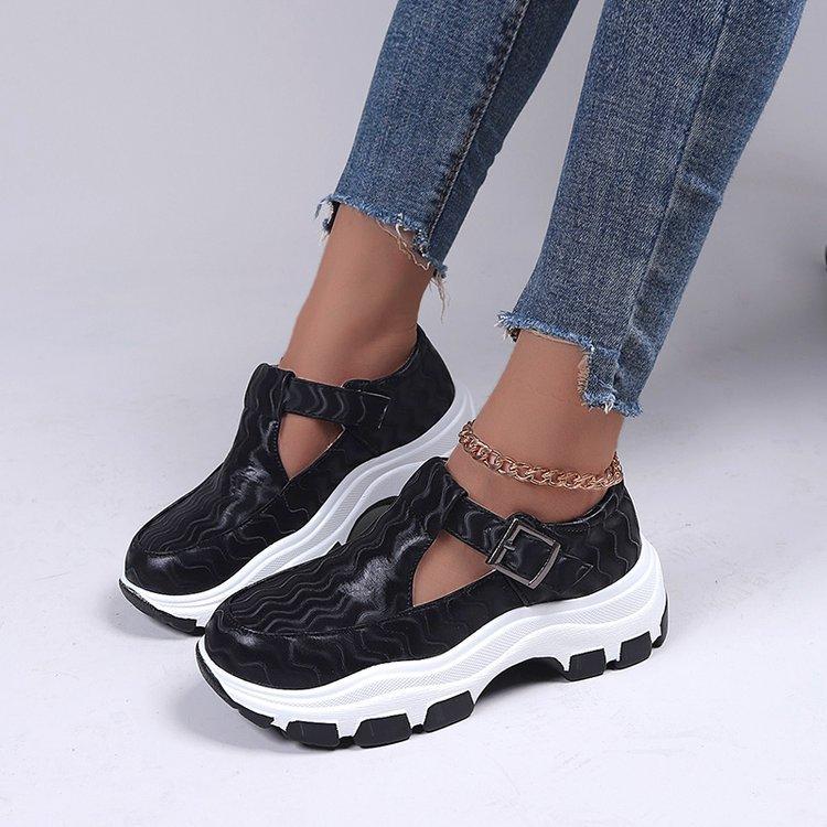 2025 new foreign trade thick-soled large-size women's shoes belt buckle hollow leather surface women's casual sports shoes 35-43