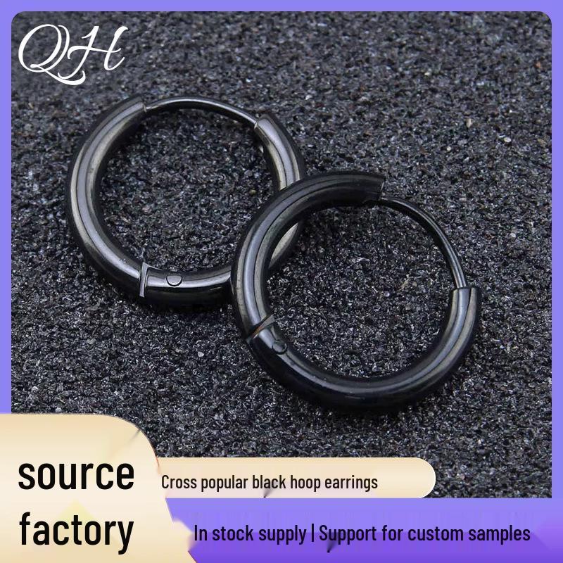 Cross Black Stainless Steel Hoop Earrings - Versatile Hip Hop Style Ear Studs