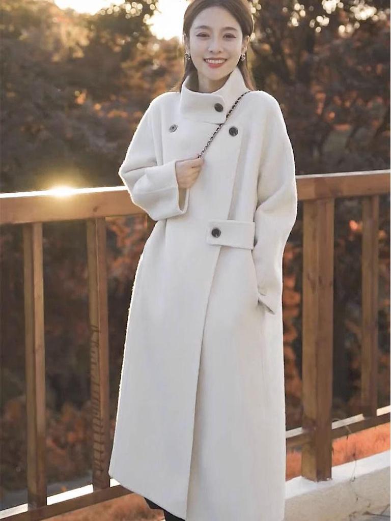 Popular Abrigo de Lana para Mujer 2024 - Estilo Coreano Otoño/Invierno, Cuello Alto Hepburn, Lana Doble Faz
