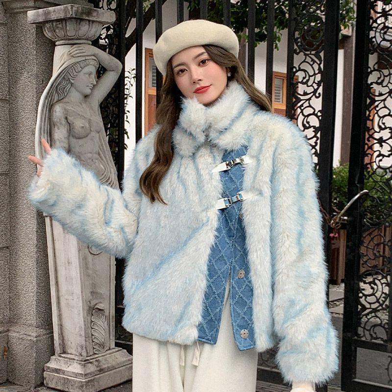 

Winter new denim spliced fluffy jacket femininity socialite imitation fox fur top L is suitable for 125-70 kg