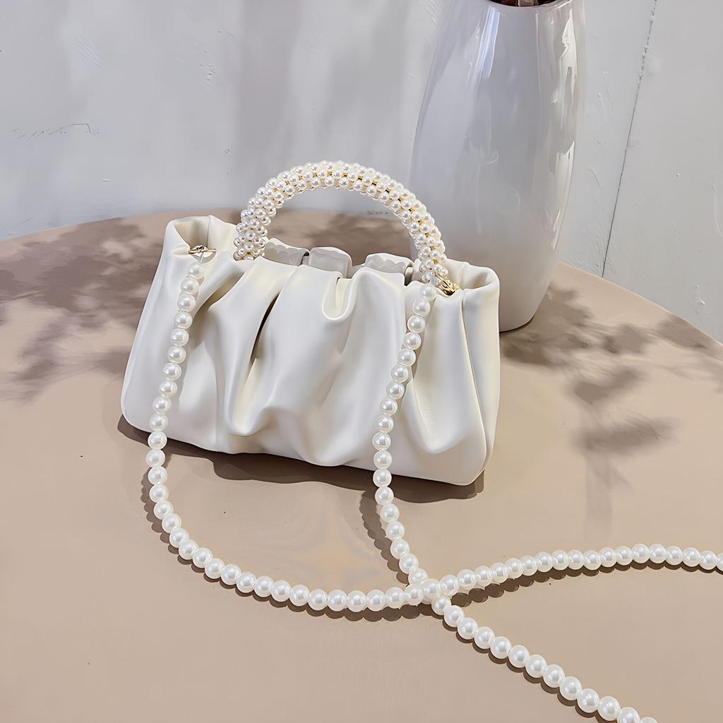 Women's Ruched Leather Bag Luxury Pearl Bags Wedding Clutch for Party Ball Crossbody Bags