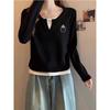 New Front Shoulder Fake Two V-neck Long-sleeved T-shirt Women's Fashion Versatile and Thin Pure Cotton Gray Top Bottoming Shirt