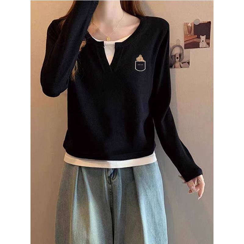 New Front Shoulder Fake Two V-neck Long-sleeved T-shirt Women's Fashion Versatile and Thin Pure Cotton Gray Top Bottoming Shirt