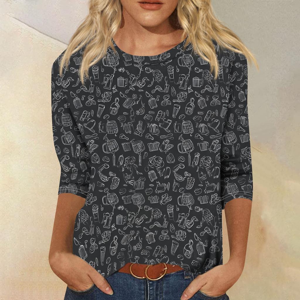 Women’s Casual Crew Neck Three Quarter Sleeve Top with Festival and Snack Print for Everyday Wear and Seasonal Events