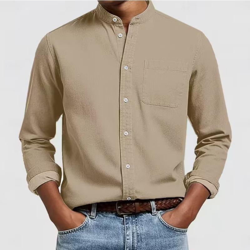 Camicia da uomo in misto lino con colletto alla coreana e taschino sul petto per l'uso quotidiano