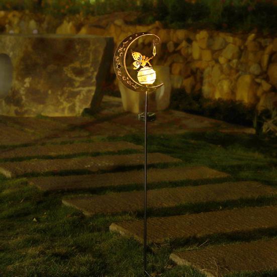 Fairy Moon Solar Garden Stake Light, Waterproof Half Moon LED Pathway Decor, Crackle Glass Ball LED Light, Metal Crescent Lamp for Outside Yard Patio