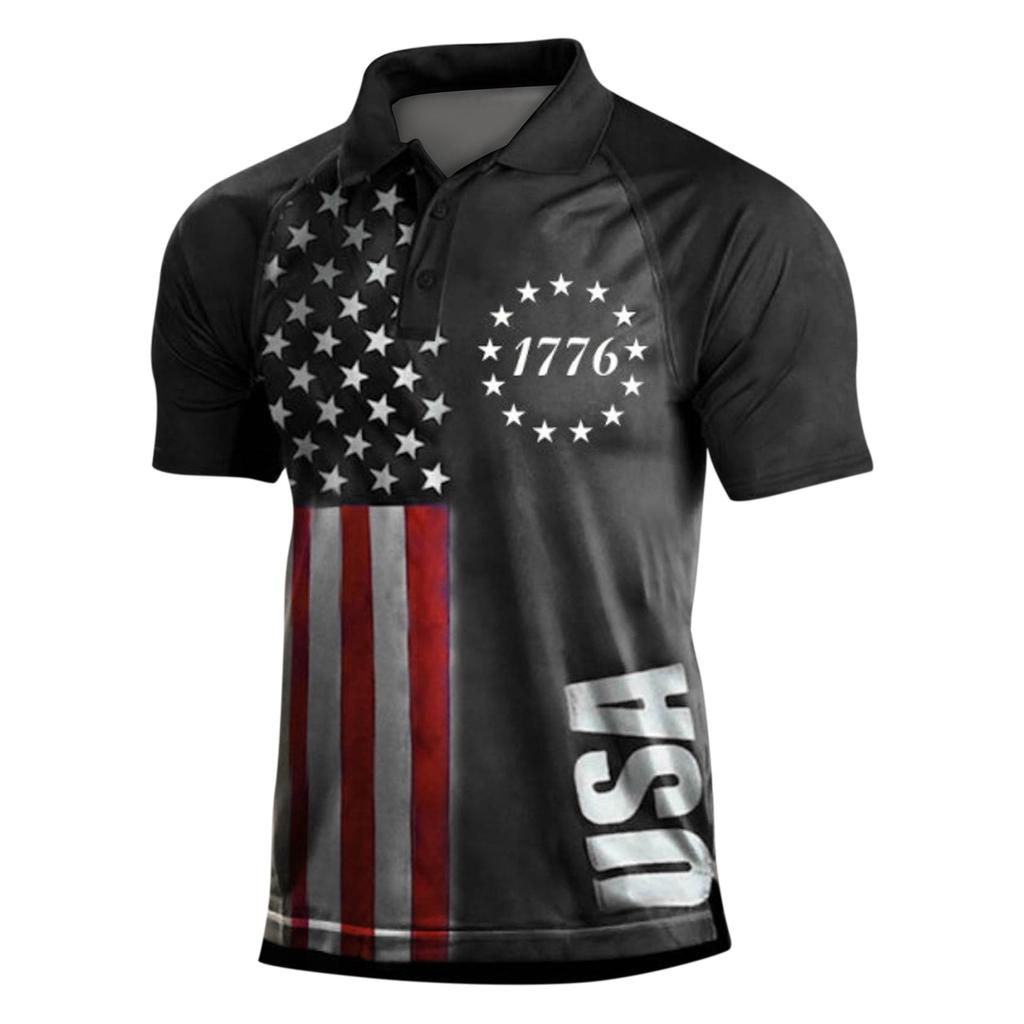 Men's Short Sleeved Shirt Independence Day Printed Three Button Men's Raglan Tops Shirt