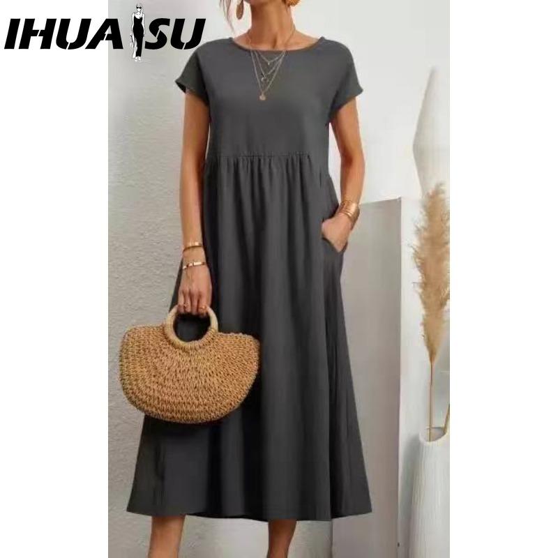 

IHUASU Женская мода Лето Весна Однотонный принт Короткий рукав Круглый вырез Повседневные платья XXL темно серый