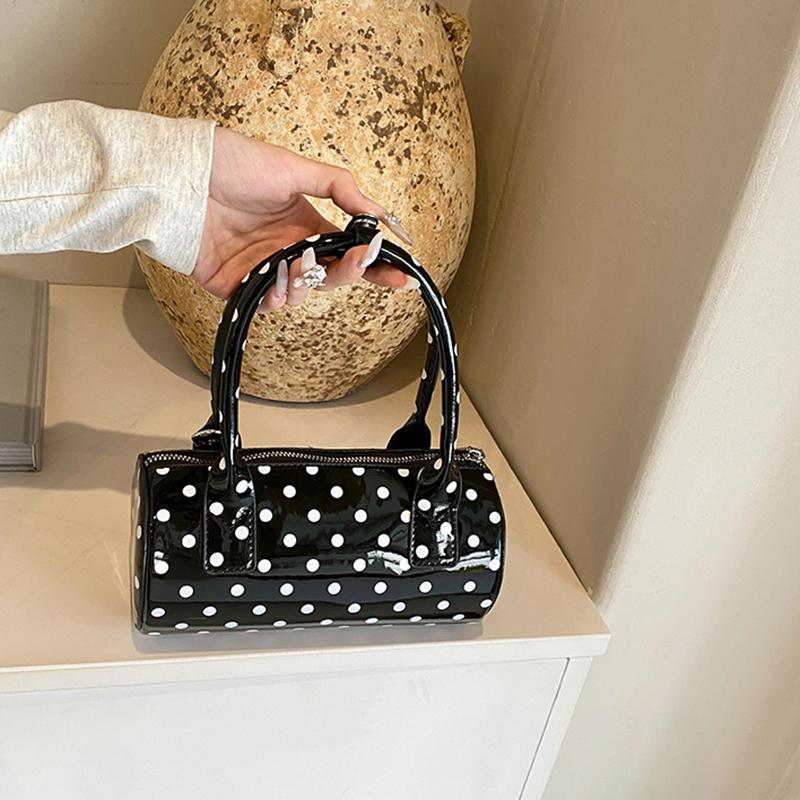 Chic Black & White Polka Dot Stylish Cylinder Crossbody Bag Braided Handle PU Leather Zip Closure Versatile Messenger Bag for Women AVE