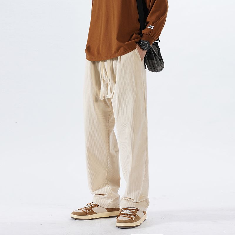 Winter Korean Fashion Versatile Corduroy Straight Pants Men Solid Drawstring Pocket Trendy Loose Sports Casual Wide Leg Trousers