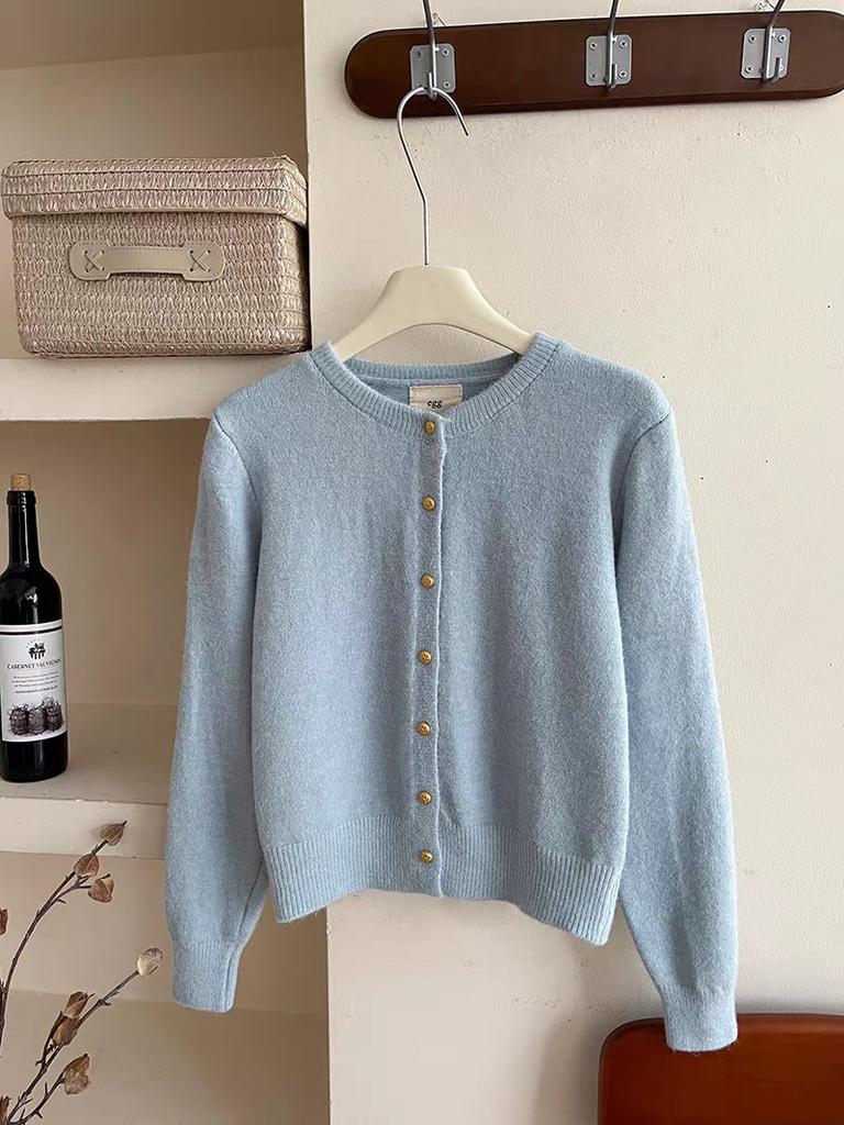 Women's thick solid color knitted cardigan sweater women's popular gold buckle small cardigan commuting versatile multi-color optional