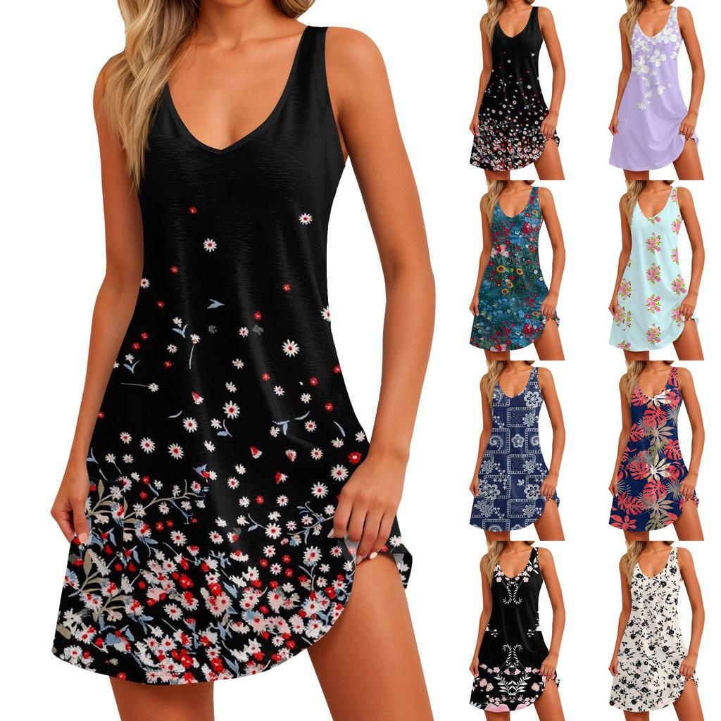 Women's Casual Sundress With Pockets Summer Boho Beach Dress Floral Blouses For Women T-Shirts Dress V Neck Loose Tank Dresses
