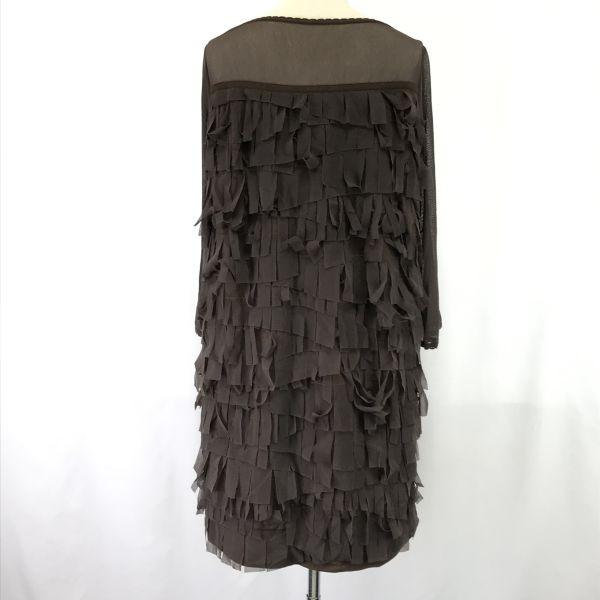 USED/Made In Japan GK Italiya Sheer Sleeve Tiered Fringe Dress 11 Women M-L Knee Length Brown cBH627
