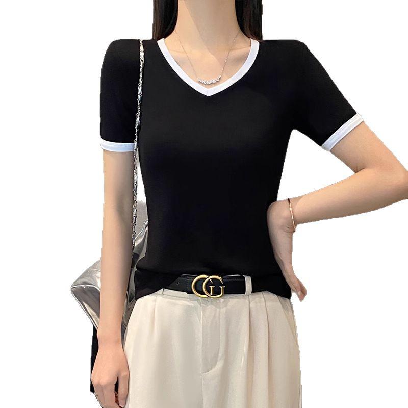 Women's V-Neck Color Block Short Sleeve T-Shirt, 2025 Spring/Summer, Slim Fit, Straight Shoulder, Low Neckline, Trendy Niche Design