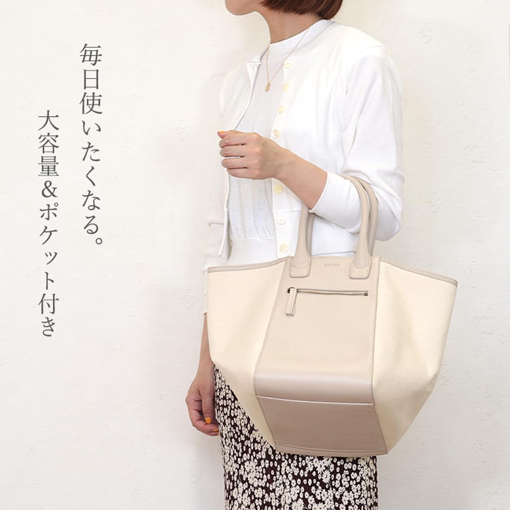 Swing Plus Leather Tote Genuine [SWINGPLUS] Bag, Handbag, Leather, Cotton, Canvas, Black, Ivory, Combination, M, L, Women's (Ivory, M)