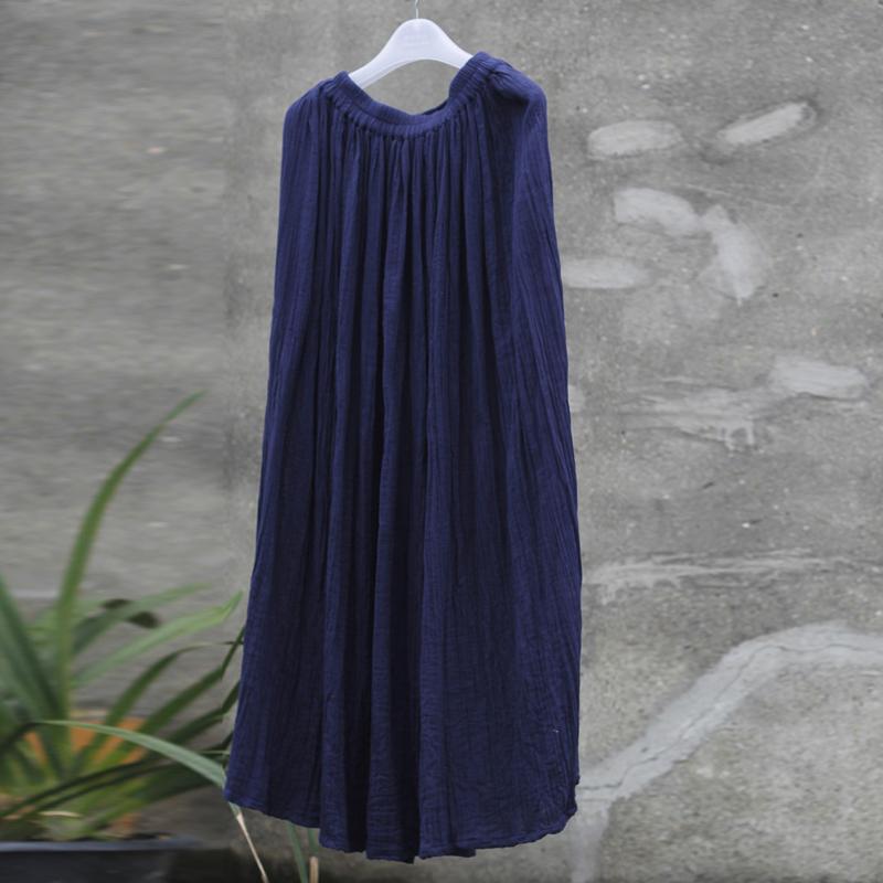 Women Cotton Linen Elastice Waist Floor Length Autumn Pleated Casual Long Skirts