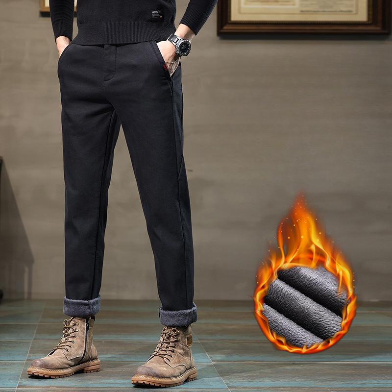 Zimní fleecové zateplené kalhoty Pánské Business Slim Fit Stretch Husté Šedá Khaki Fluff Ležérní Módní Kalhoty Pánské