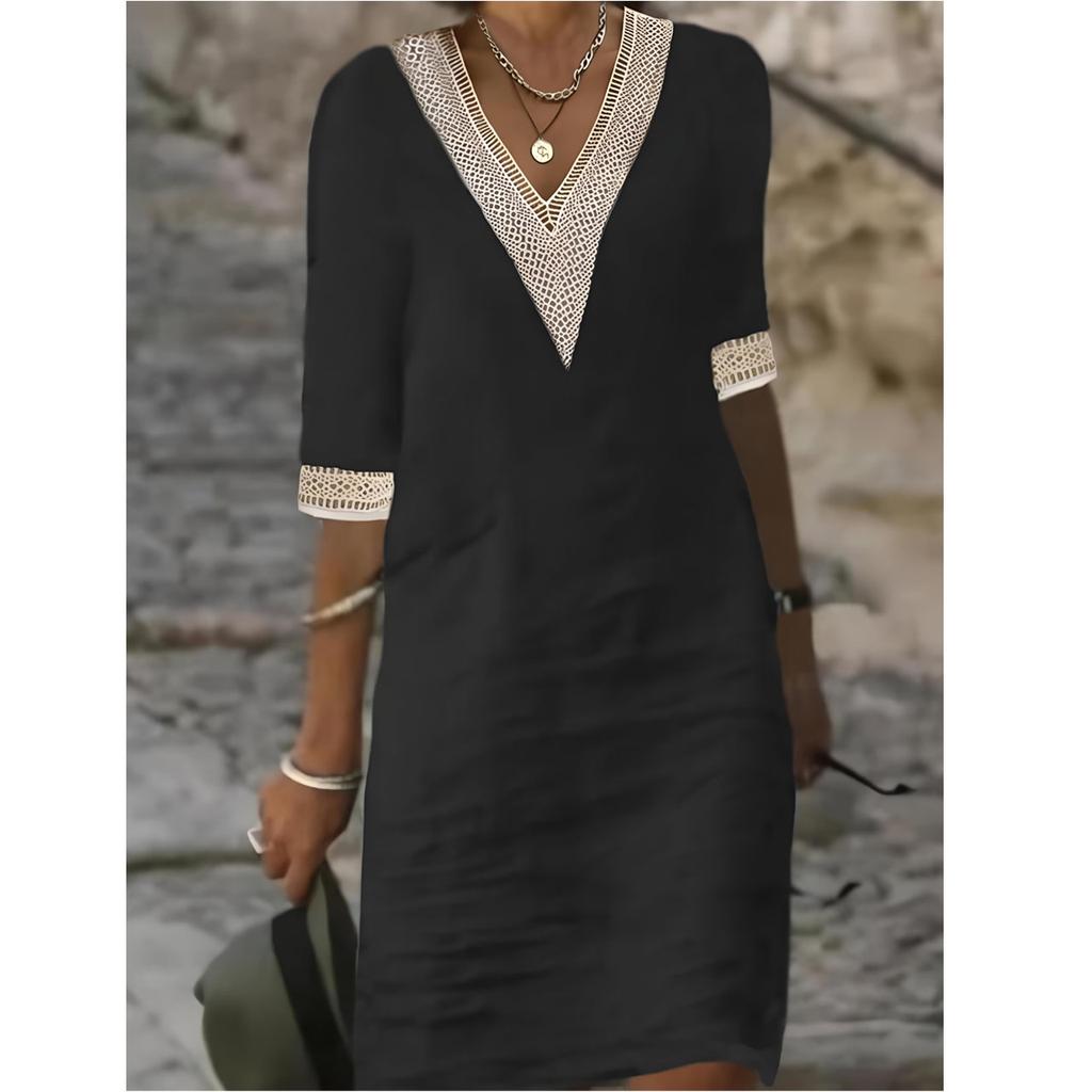 Damenmode, lässig, einfarbig, bedruckt, 1/2 Ärmel, V-Ausschnitt, schmale Kleider