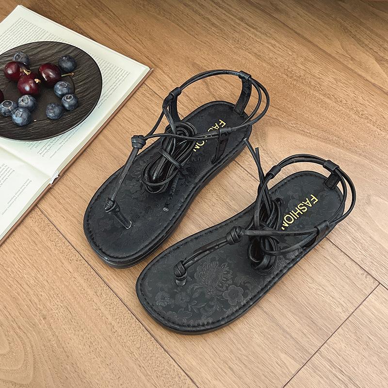 Retro Vacation Style Toe Sandals Fairy Shoes 2025 New Summer with Skirt Beach Shoes Flat Roman Shoes