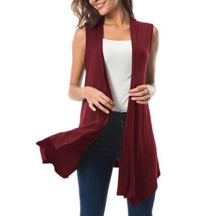 Sommer Damen Ärmellose Leichte Strickjacke Weste Einfarbig Offen Vorne Drapierter Mittellanger Asymmetrischer Saum Weste Mantel