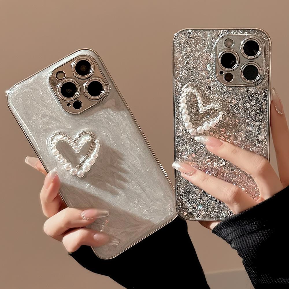 Glitter Pink Three Dimensional Pearl Love IPhone 14 Mobile Case 13 Apple 16 ProMax Glue 11 Glitter Powder 15 Applicable