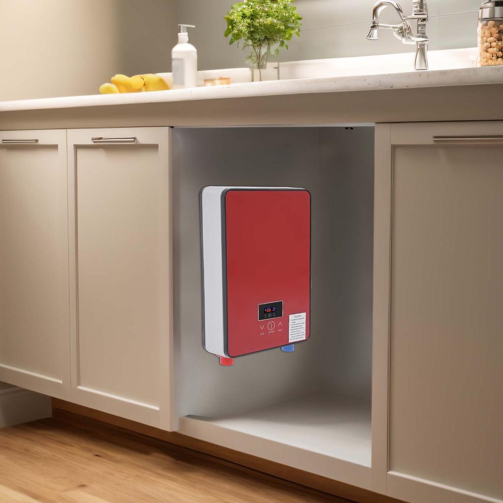6500W Tempered Glass Tankless Water Heater,220V Red Rectangular Electric Water Heater Wall-mounted for Kitchens,Bathrooms