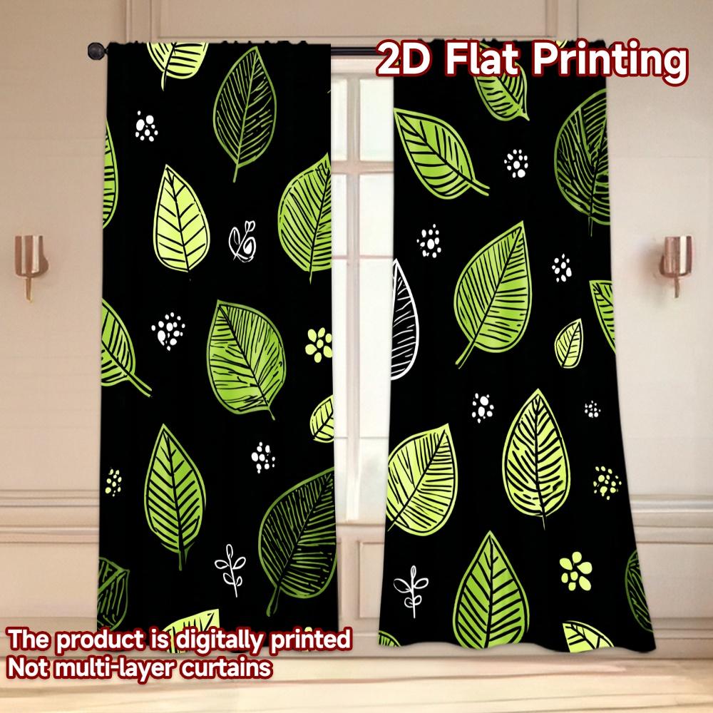 Set Of 2 Flat Printing Curtains Without Rod Green Leaf Design Dark Background April Fools Is Day Festival Fashion Curtain Polyester