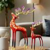 Aris & Juno Hand-Painted Copper Deer Statue Pair with Crystal Floral Antler Decor, Modern Oriental Lacquer Art Sculpture for Living Room Entryway