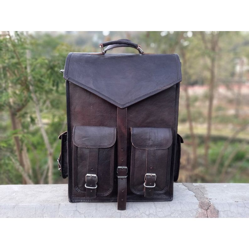 Handmade Black Leather Laptop Backpack: Men's Travel Rucksack