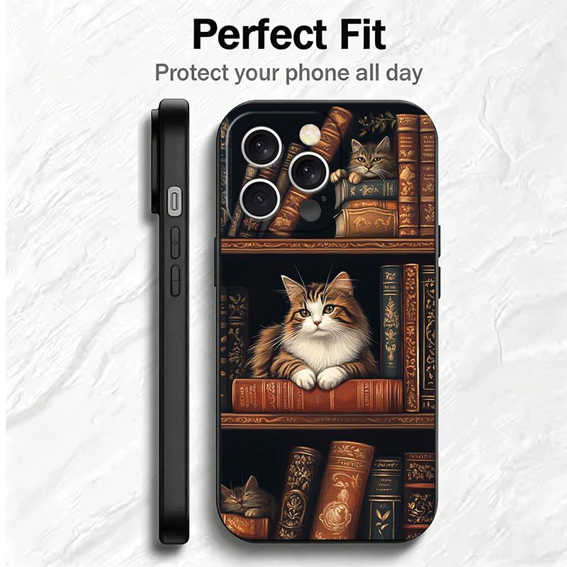 Cute Cat Bookshelf Interesting Soft Phone Case for iPhone 16 16E 17 Air 15 Pro Max 14 Plus 13 Mini 11 12 7 Black Cover Back Shel