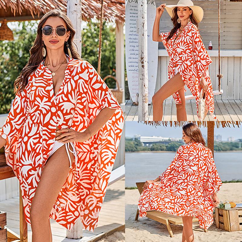 Printed Shirt Beach Jacket Bikini with Sun Protection Cardigan Vacation Swimsuit Blouse