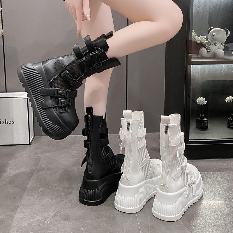 Fashion 8.5CM Women Spring Summer Boots Fashion Breathable Mesh Hollow Sneakers High Platform Ankle Boots For Woman Outdoor Chunky Shoes