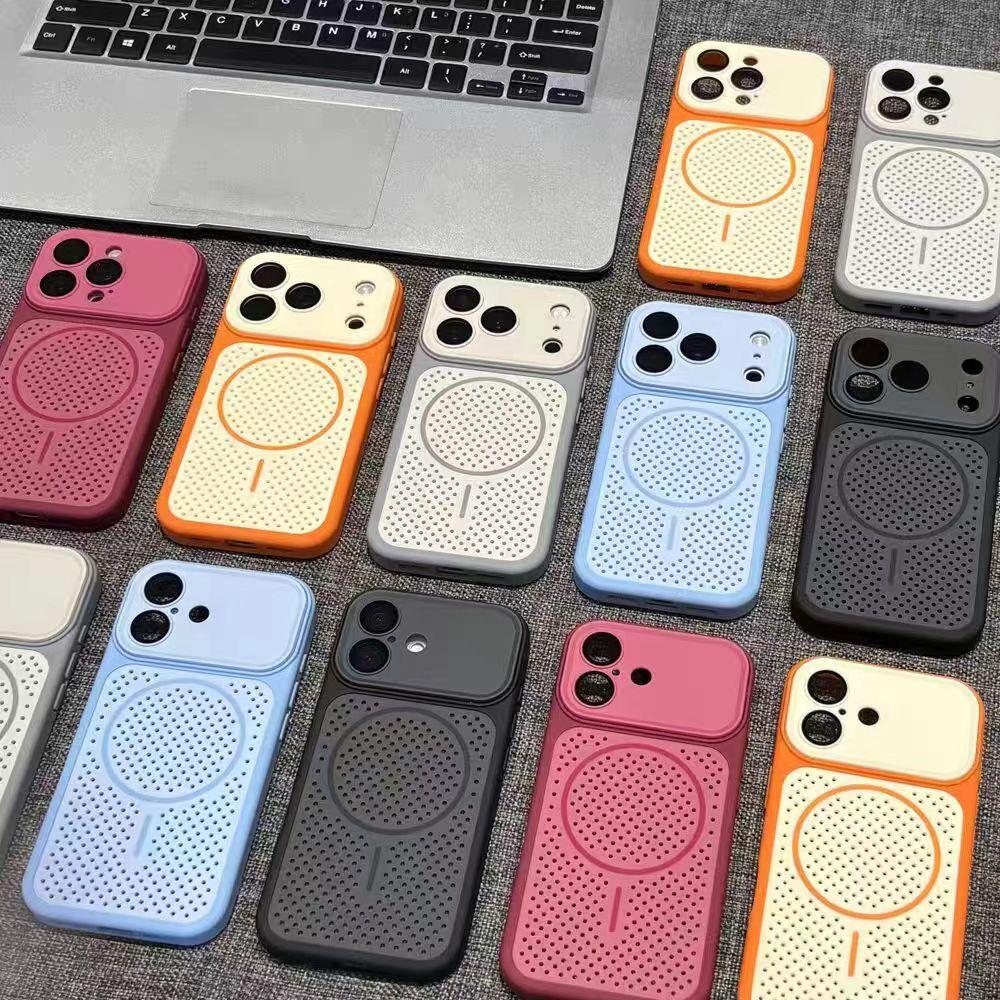 Applicable to iPhone17PROMAX mobile phone case honeycomb two-color breathable heat dissipation magnetic suction mesh case Apple 16/15 hard