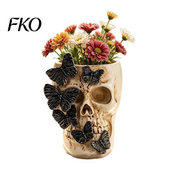 Artistic Pencil Cup Black Butterfly Skull Vase, Resin Skeleton Pen Holder, Gothic Flower Creepy Desktop Organizer Arrangement Container, Creative for