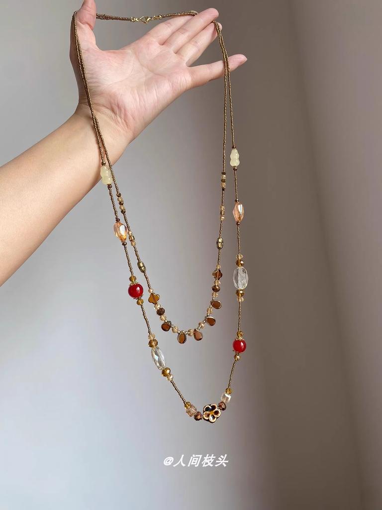 Medieval vintage double-layer water drop gourd flower necklace women's national style sweater chain retro long beaded accessories