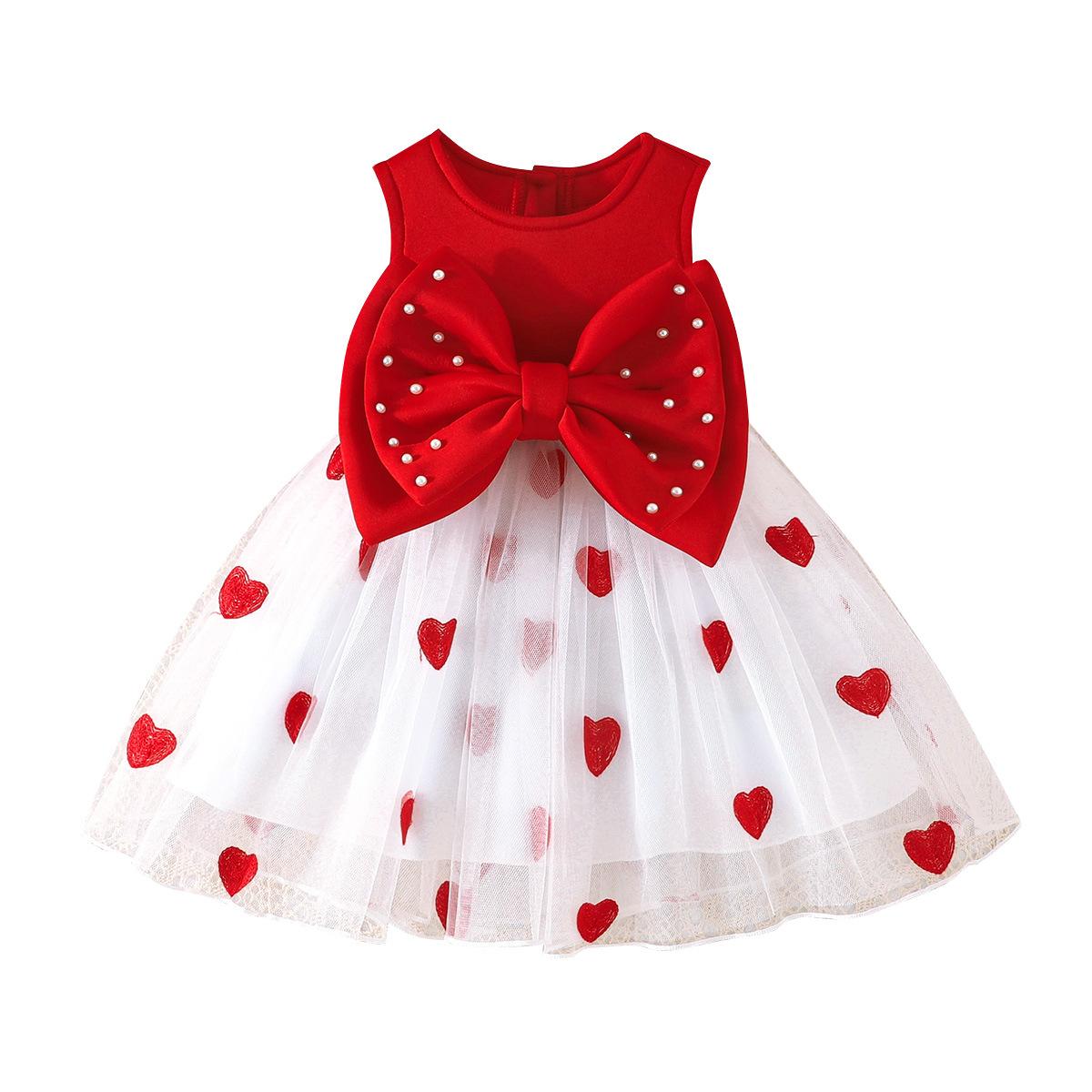 

Summer New Girls Princess Style Dress Red and White Heart Bowknot Lively Cute Style 5Y червоний