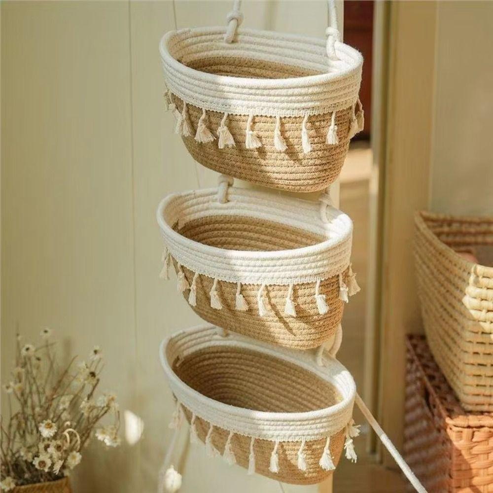 3-Tier Woven Hanging Organizer Handwoven Wall Hanging Pouch Wall Mount Storage Bag  Bathroom