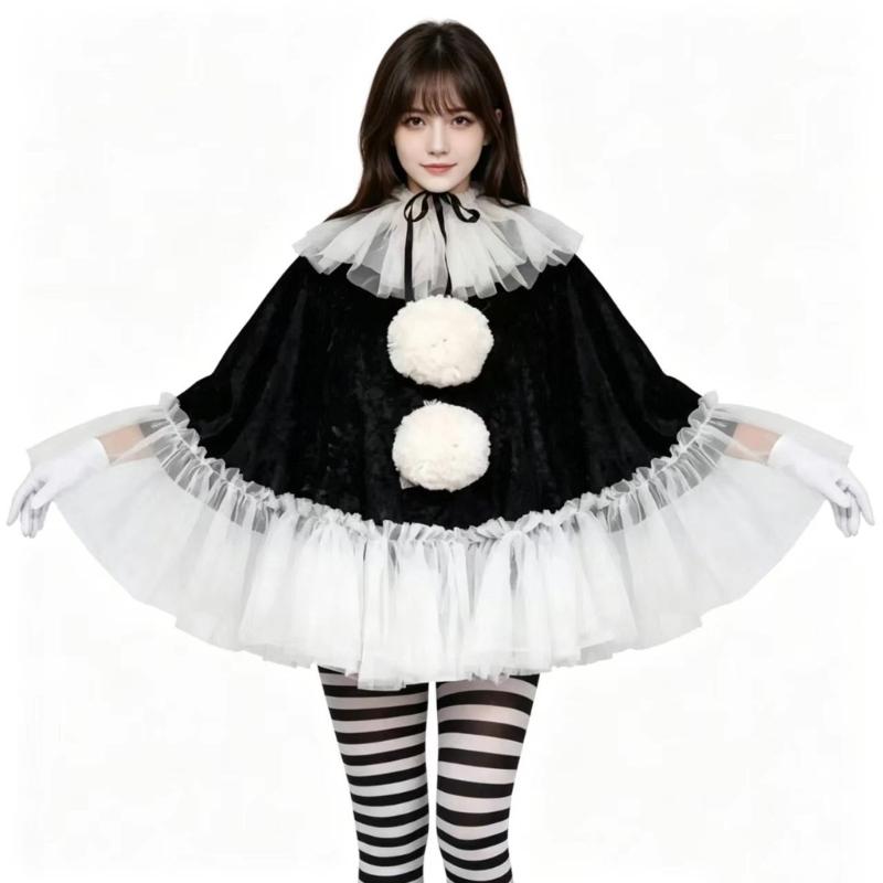 Adult Halloween Outfit Set, Black White Party Costume with Ruffle Collar and Pull On Styling for Dance Photos