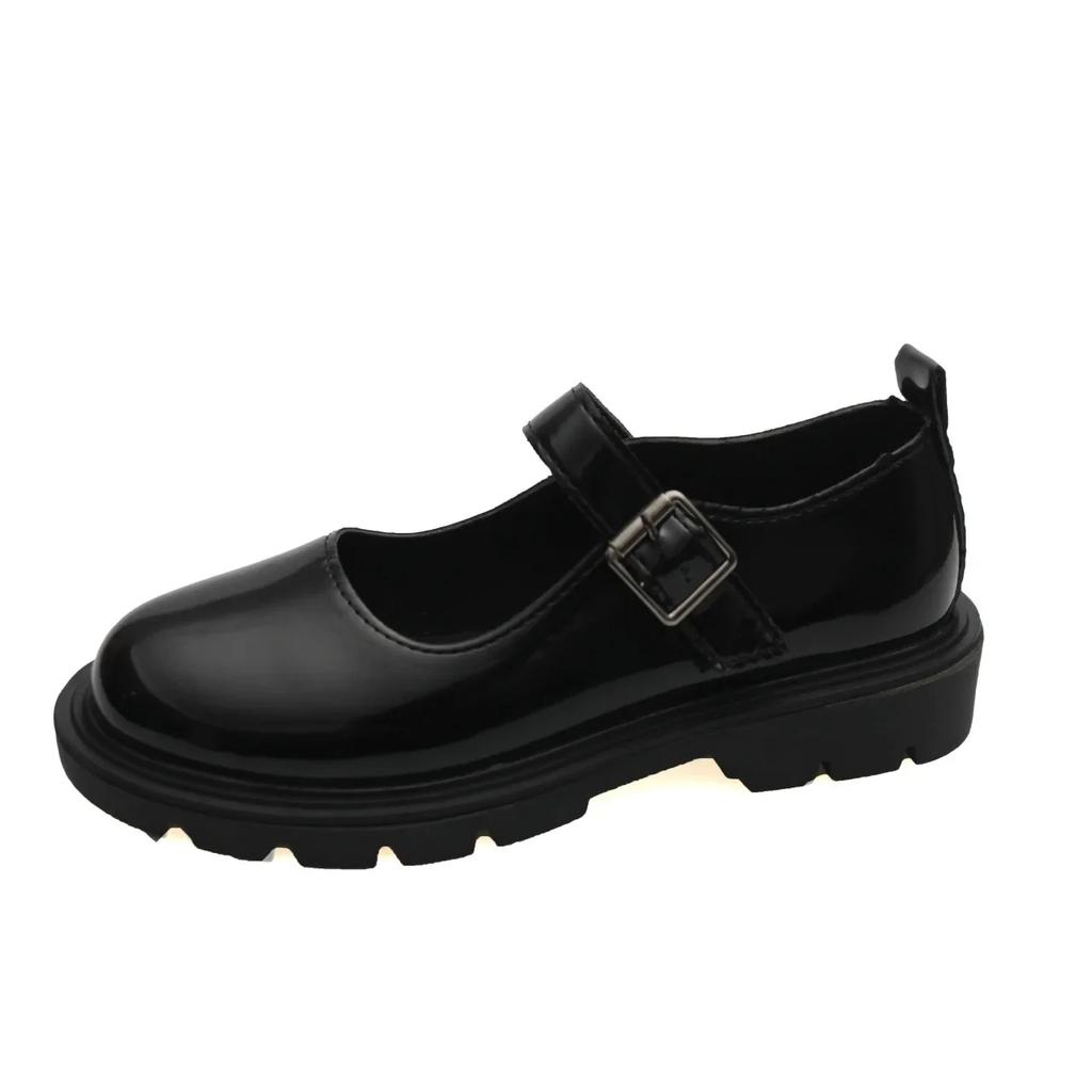 Japanese Style StudentSweetbow Black Flat Shoes Round Toe Shallow Sole One-Character Buckle Low Heel Mary Jane Shoes